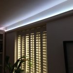 Living room coving lit by 5W LED tape (pure-white tint)