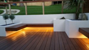 Garden benches lit by warm white 10-watt LEDs