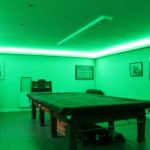 15W RGB LED tape in games room, set to green