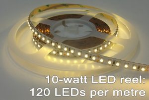 10-watt warm white LED lighting (120 LEDs per metre)