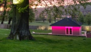 RGB LEDs lighting up a garden summer-house