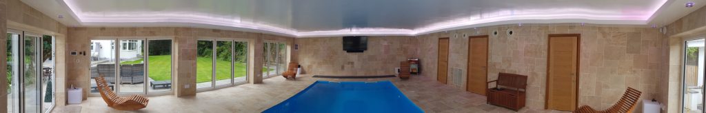 wide-angle shot of LED lights in poolhouse
