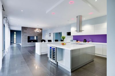 kitchen RGBW LED downlights set to pastel red